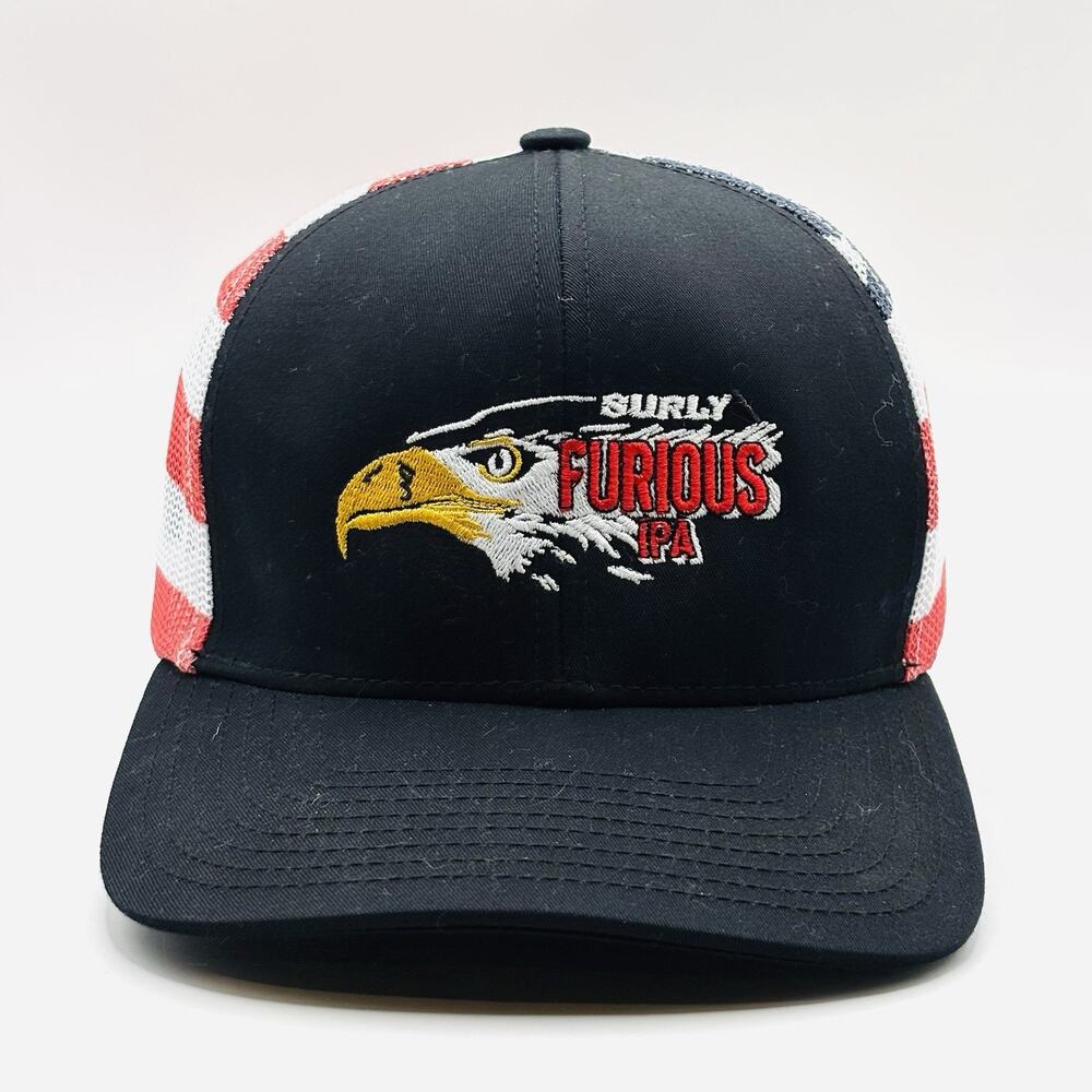 Surly Furious IPA trucker hat embroidered eagle logo American flag Mesh Adjust